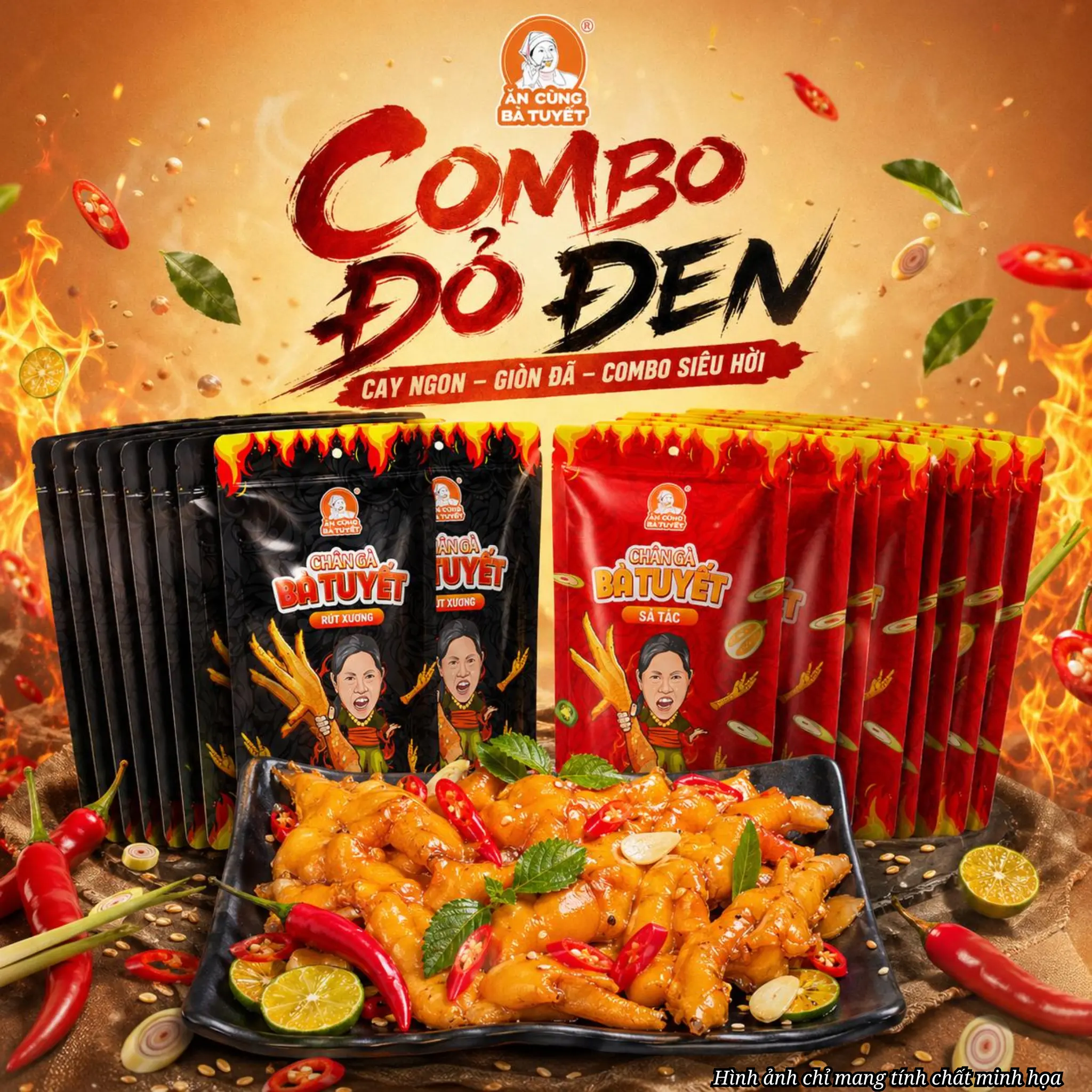 (Tặng 2 gói bim bim)(tặng 2 gói sốt chấm) COMBO ĐỎ ĐEN gồm: 10 gói CHÂN GÀ TÊ CAY + 10 gói CHÂN GÀ SẢ TẮC - ĂN CÙNG BÀ TUYẾT M5