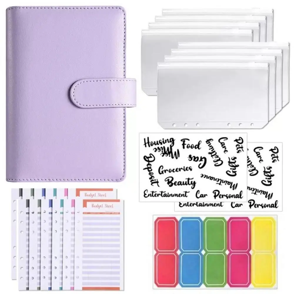 1pcs Kit completo de organización financiera: carpeta A6 piel sintética con broche, 6 colores lisos y 5 acabados brillantes. La carpeta incluye pegatinas y accesorios, trae bloc y bolsas cremallera; el cuaderno de ahorro con código no cuenta con accesori
