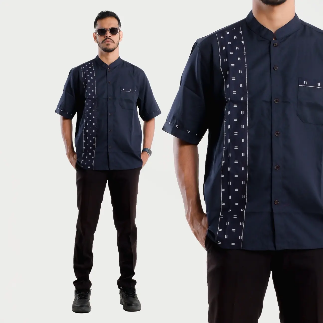 IDRYS - Kemeja Koko Pria Modern Lengan Pendek Polos Kombinasi Batik Bahan Katun Toyobo Premium Dewasa Kurta Hitam Motif Modern