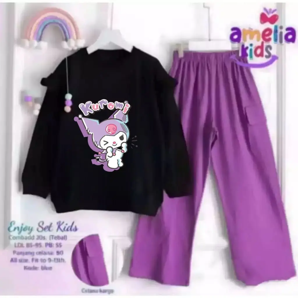 Setelan Anak Kuromi Set Baju Anak Terbaru Bahan Crinkle Airflow Terlaris Untuk anak umur 3-12 Tahun recomended