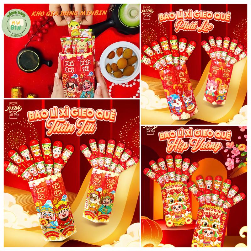   1 hộp + 12 quẻ   Bao Lì Xì Gieo Quẻ Tết Bính Ngọ 2025 Bộ Lì Xì Gieo Quẻ May Mắn 
