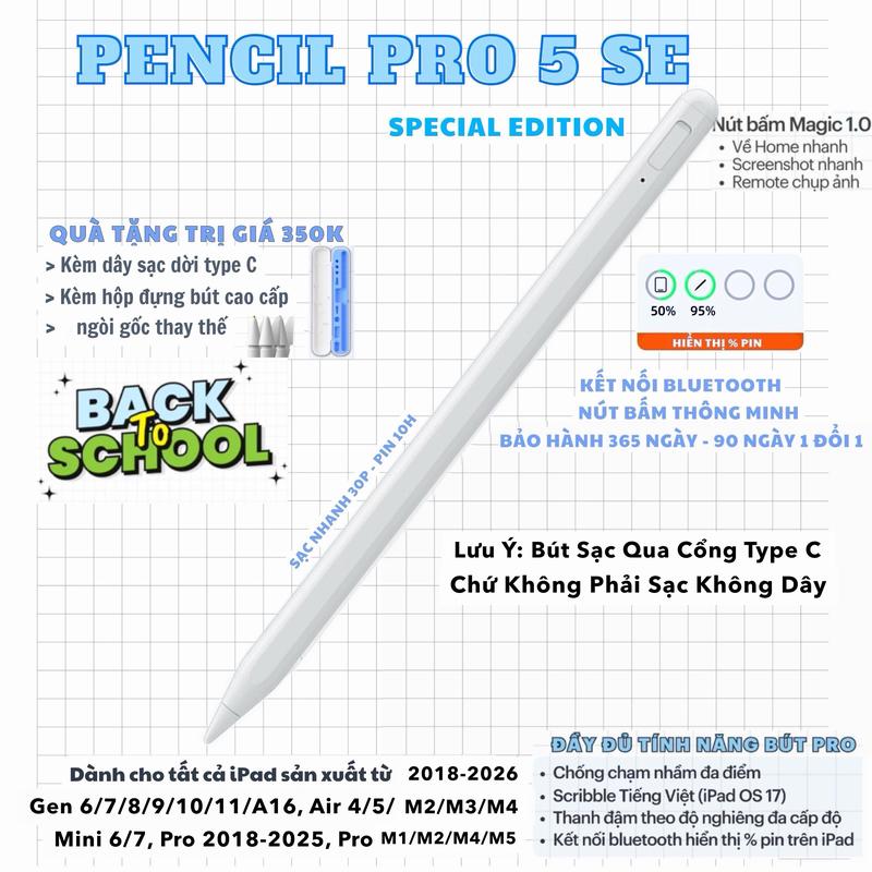 Bút cảm ứng cho iPad Pro M5/M4/M2/M1 ,iPad Air 3/4/5/M1/M2/M3/M4 ,iPad Gen 6/7/8/9/10/11/A16 ,iPad Mini 5/6/7 chống tỳ đè, kết nối Bluetooth ,sạc nhanh type C, Phụ Kiện iPad Tommycase