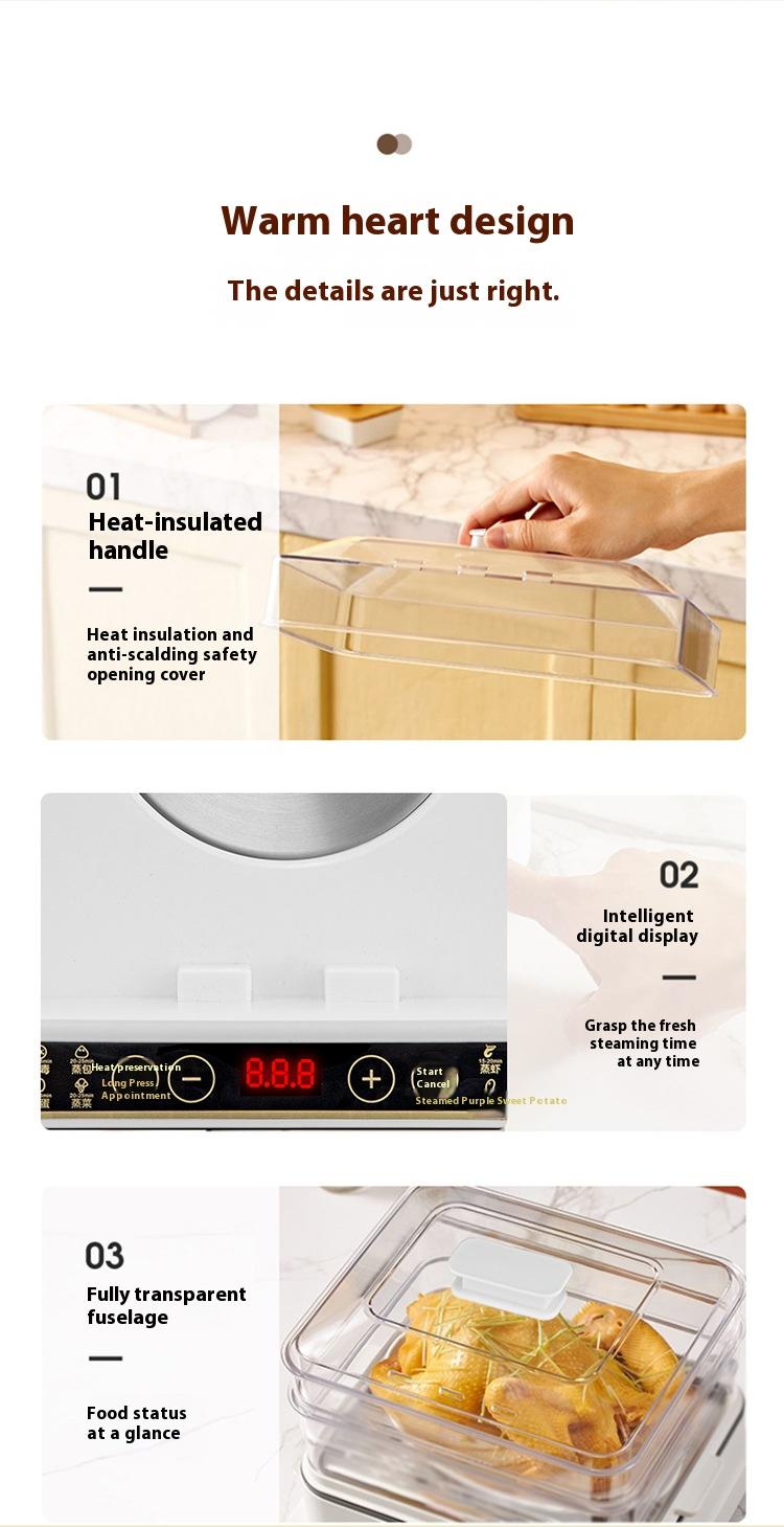 Product Introduction of The bottom of the multi-layer composite pot is quickly and evenly heated, steamed fish and vegetables are steamed out of a pot, and the lid is intelligent and timed to prevent dry burning. Protection 19
