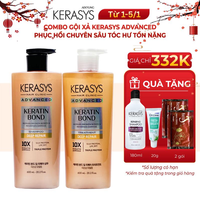  Cặp dầu gội xả Kerasys Advanced Keratin Bond Hàn Quốc phục hồi chuyên sâu tóc hư tổn tóc khô xơ chẻ ngọn dưỡng tóc 
