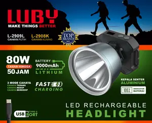 Senter Kepala LED 80W Luby L-2909L dengan Indikator Display, Baterai 9.000mAh, Tahan Hingga 50 Jam, Waterproof dan Rechargeable