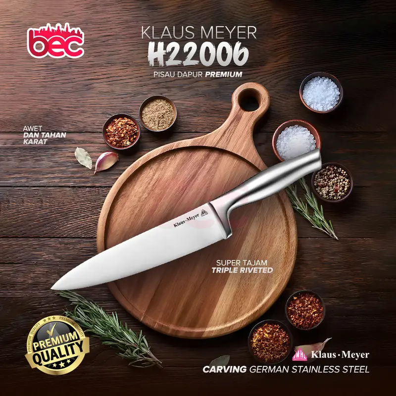 【BEC x Klaus-Meyer】Chef Knife Pisau Dapur Profesional Stainless Steel Super Tajam Triple Riveted Kitchenware 0