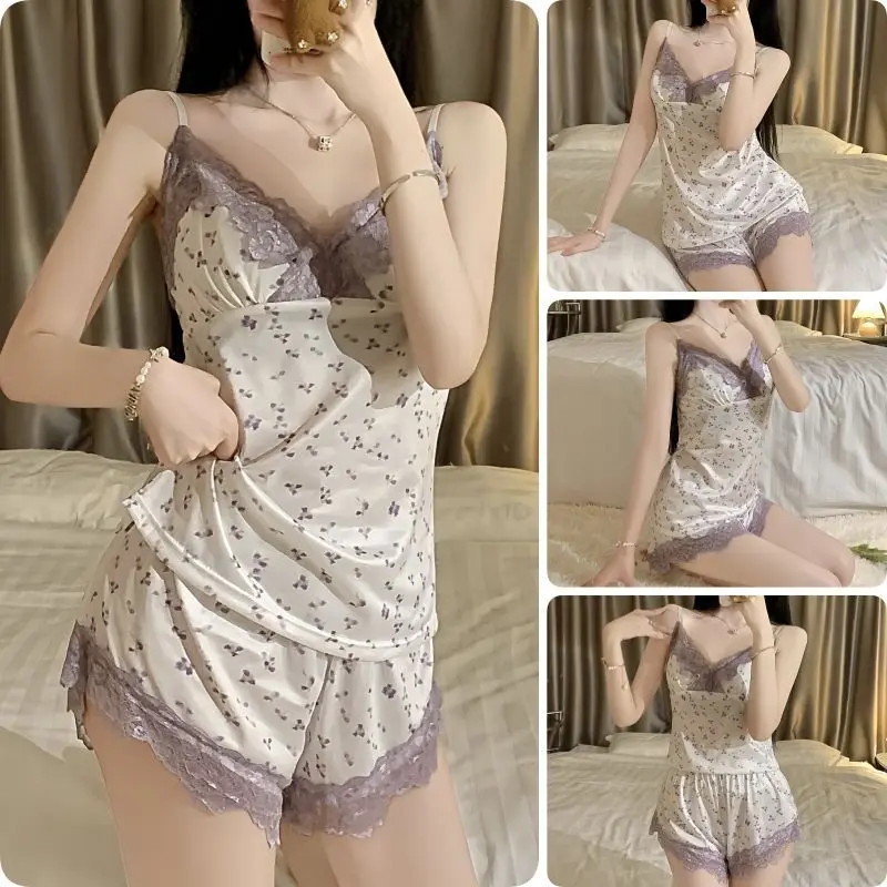 [WL06] Ungu Renda Piyama Set Motif Bunga Kamisol Pakaian Santai Ringan dan Bernapas - Fashion Pakaian Wanita TikShop.id