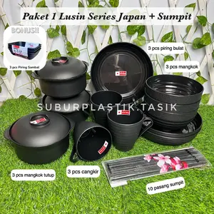 PAKET 2 JAPAN SERIES | 1 Lusin Mangkuk Ramen Hitam Plastik Isi Mangkok Piring Gelas Sumpit Tempat Sayur Cangkir Set Alat Makan Kitchenware Bulat