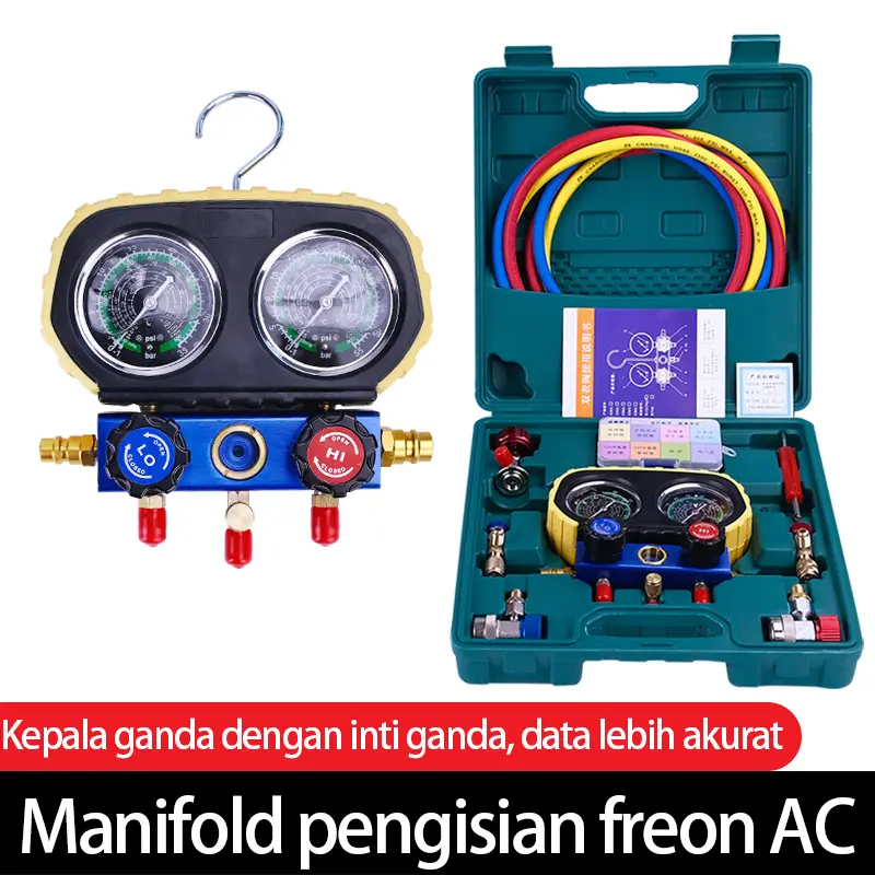 CHIGE Manifold Gauge Set Kuningan Premium – BRASS DOUBLE MANIFOLD MULTI ONE COOL – Untuk R22 R134A R404A R407C – AC Mobil & Rumah