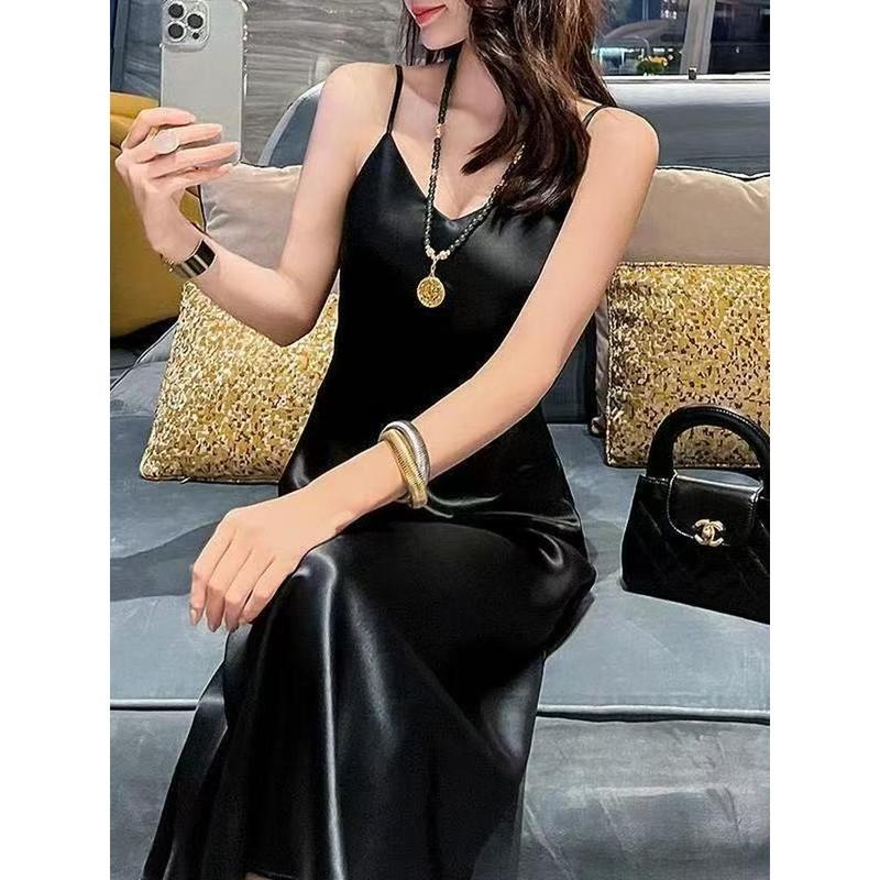 [Tặng dải ruy-băng] Đầm đuôi cá mùa hè phong cách Pháp chất liệu lụa acetate, đầm hai dây dài nữ tính thon gọn tôn dáng