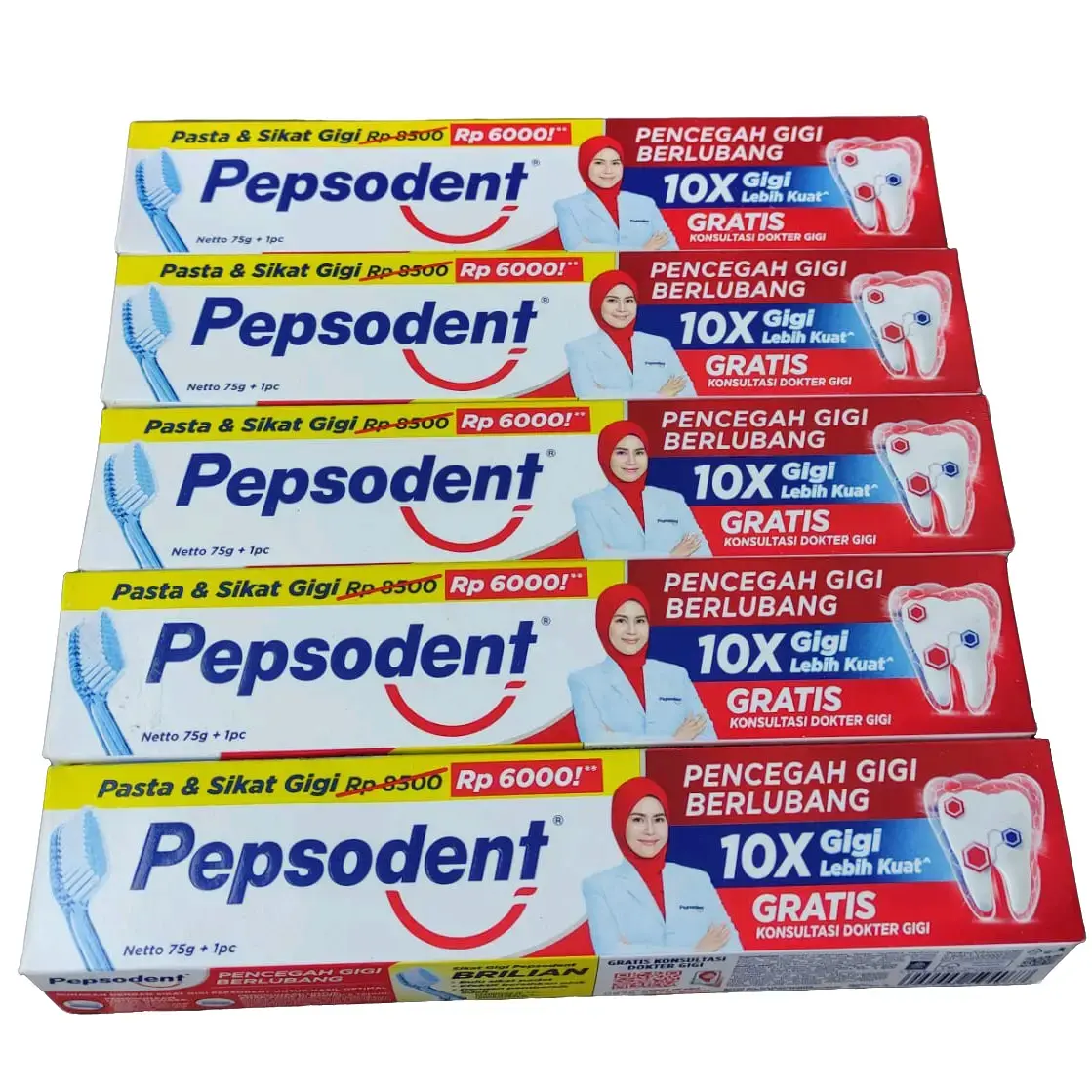 Promo Pasta Gigi Pepsodent 5 Pcs Kemasan 75 gr + Sikat Gigi 5 pcs
