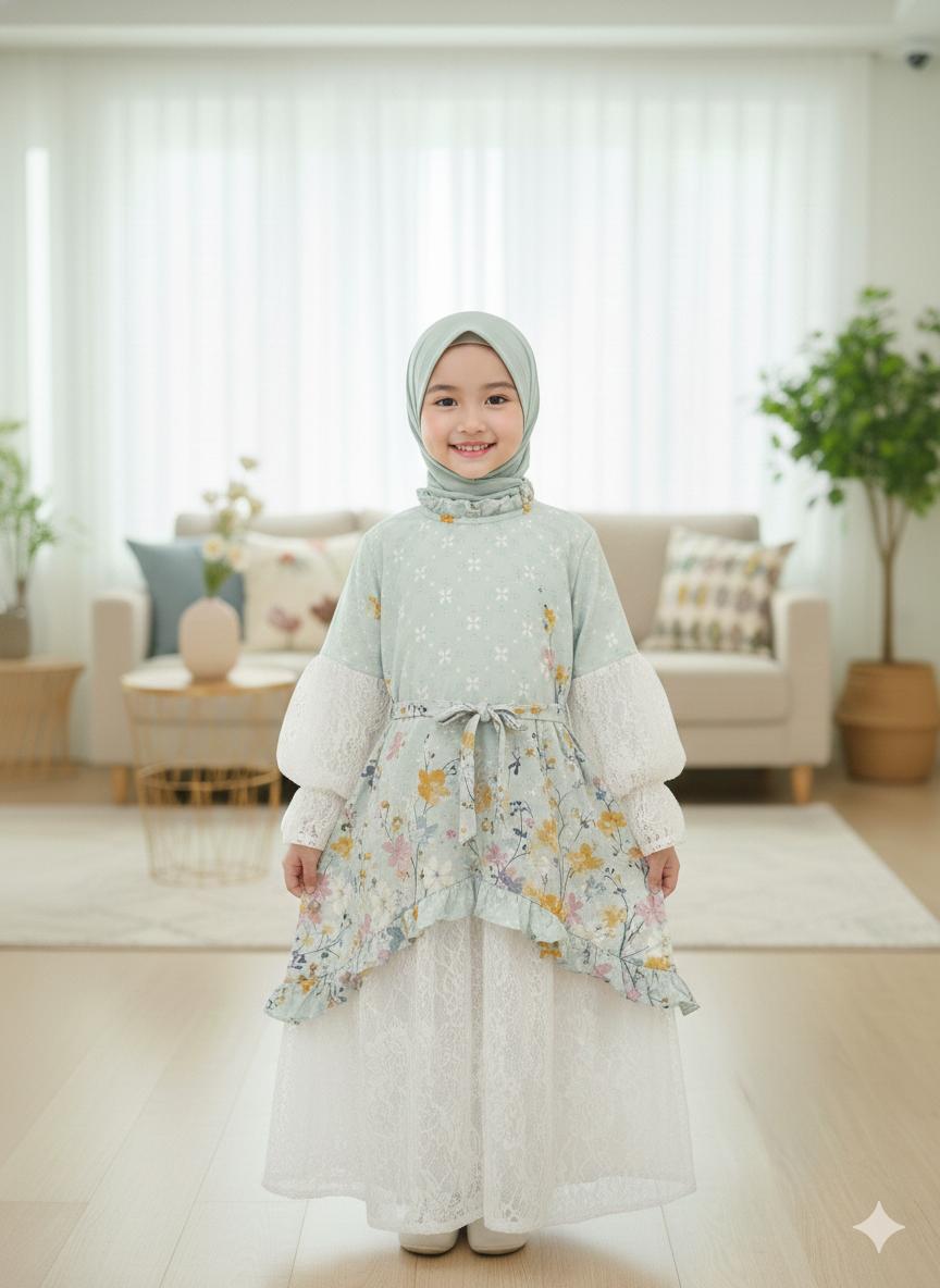 KidsCenter - Gamis Raya Babydoll Mix Brukat Full Puring Anak Perempuan Usia 3 - 10 Tahun / Baju Gamis Bini Orang Motif Bunga Tali Pinggang - Fashion Muslim Raya Viral Free Hijab