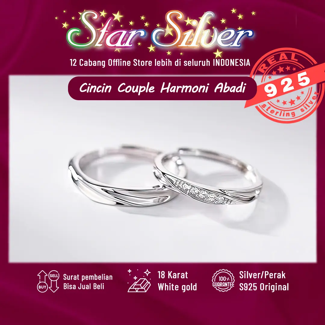 Cincin Couple Tunangan Harmoni Abadi adjustable putih berkilau asli perak Ss9.25 star silver Anti karat dan anti iritasi