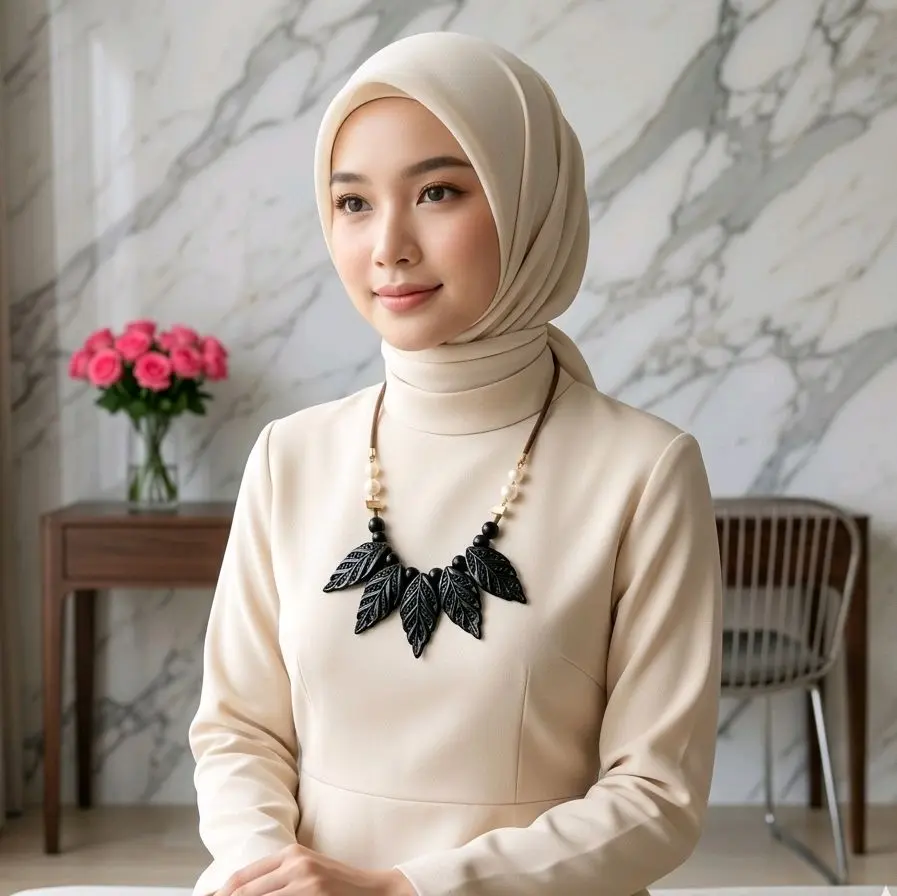 Kalung Wanita Motif Daun Simple Netral Kalung Unik Bahan Mutiara Sintetis Tali Kulit Sintetis Akrilik Panjang Sesuai Request