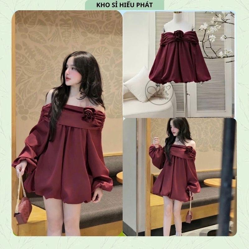 Váy Áo Trễ Vai Đỏ Phối Hoa Tay Dài Dáng Bí Bồng Xinh Xắn Nhẹ Nhàng by Hp