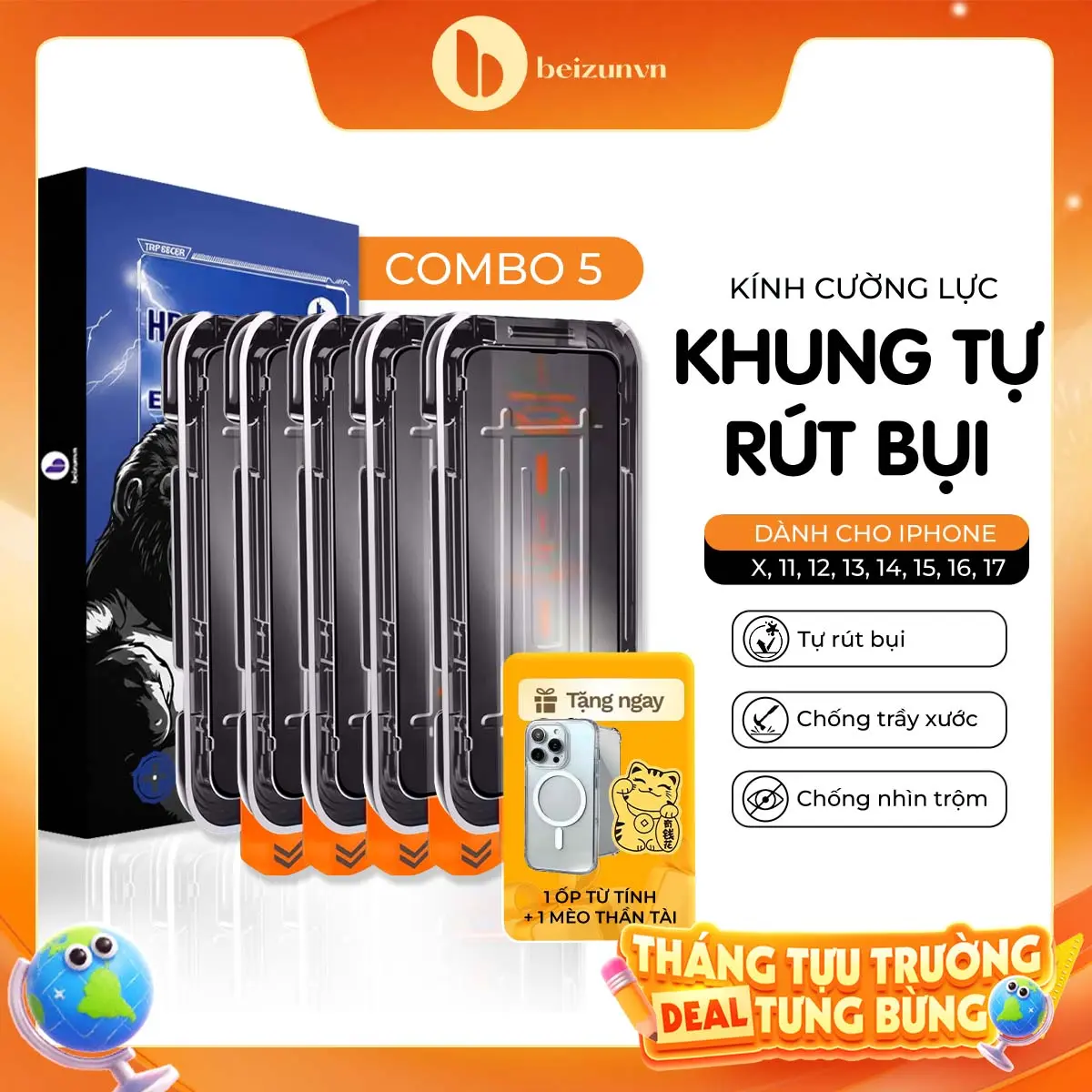 [Beizun]Combo 5 Kính Cường Lực GLASS Khung Tự Dán, Tự Rút Bụi Viền Cong 2.5D Siêu Mượt | Trong Suốt/Chống Nhìn Trộm | Chống Va Đập, Chịu Lực Tốt|Bảo Vệ Màng Loa, Chống Bám Bụi, iPhone 7 - iPhone 17 Promax |TẶNG Ốp Chống Sốc + Mèo Thần Tài
