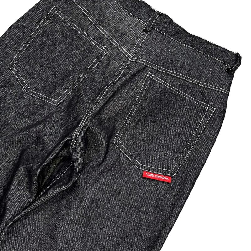 Product Introduction of Flame Everyday Celana Denim Y2K Baggy Wideleg Gombrong Raw Denim 13oz Hitam Jeans Panjang 55
