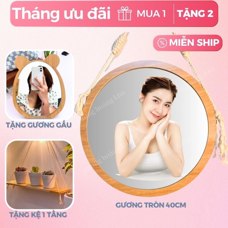 Gương trang điểm treo tường giá rẻ gương tròn viền gỗ Decor Phòng gương trang trí Nhà đường kính 40cm tặng kệ decor 1 tầng và gương gấu để bàn.