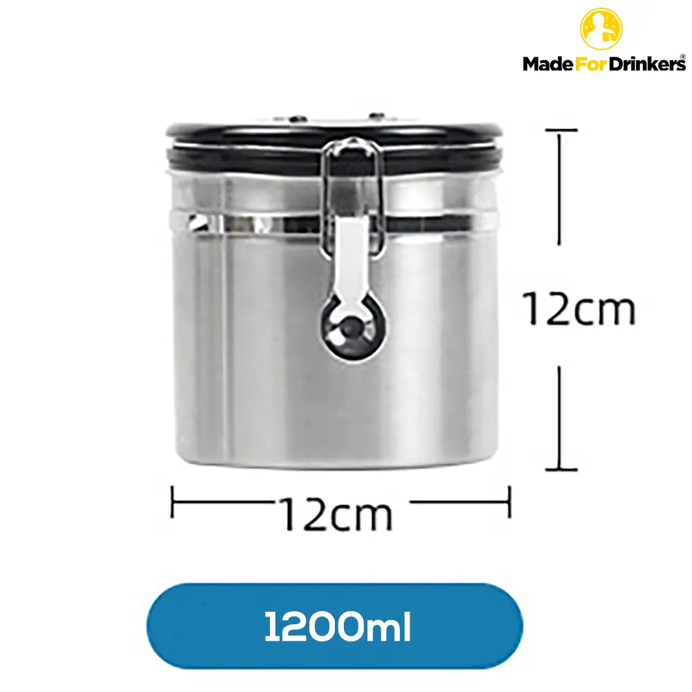 [Made For Drinkers] Coffee Canister with One Way Co2 Valve, Stainless Steel Container for The Kitchen, Jar with One Way Co2 Valve and Scoop, Tea Coffee Sugar，Extra Coffee Spoon (1.2L) Bottles Metal