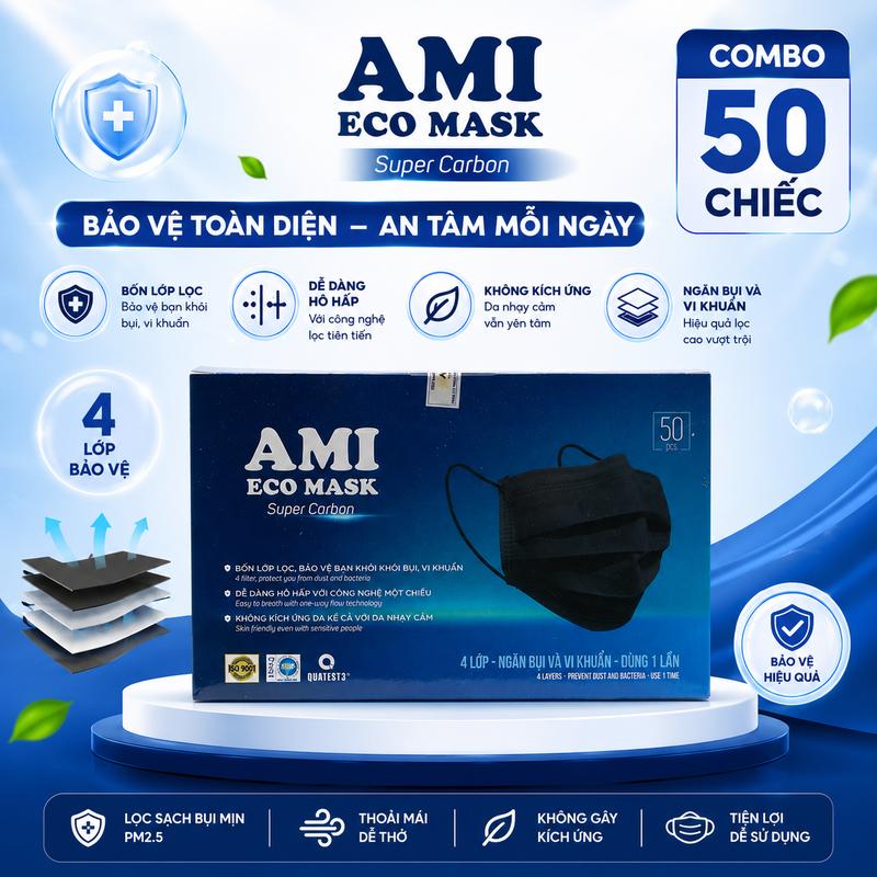 Khẩu Trang Y Tế AMI Đen 4 Lớp Kháng Khuẩn Hộp 50 Chiếc