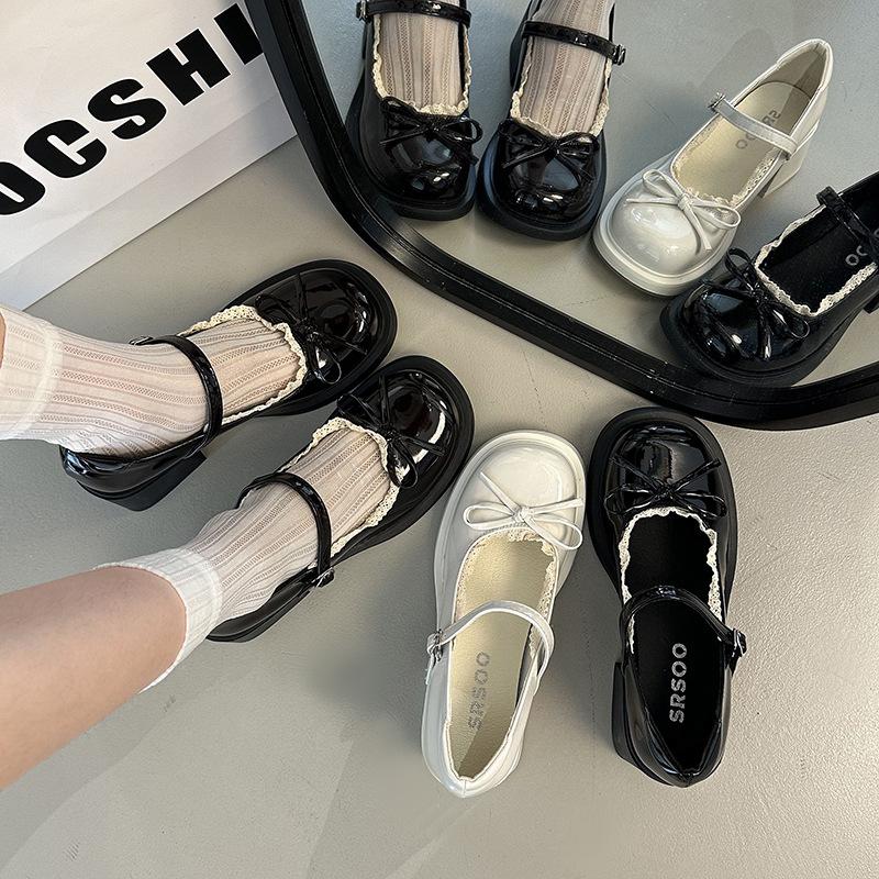 FORM RỘNG LÙI 1 SZ Giày Đốc Nữ Đế Cao 5P Tiểu Thư Đính Nơ Xoè Viền Ren Quai Cài Ngang Phong Cách Hàn Quốc Shoes Mã V098