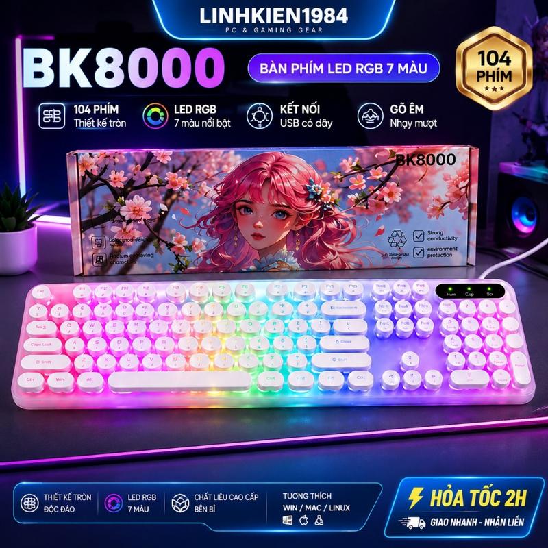 Bàn phím máy tính gaming giả cơ PANTSAN PK100/ BK8000 Màu Trắng có dây nút tròn Led 7 màu cực đẹp