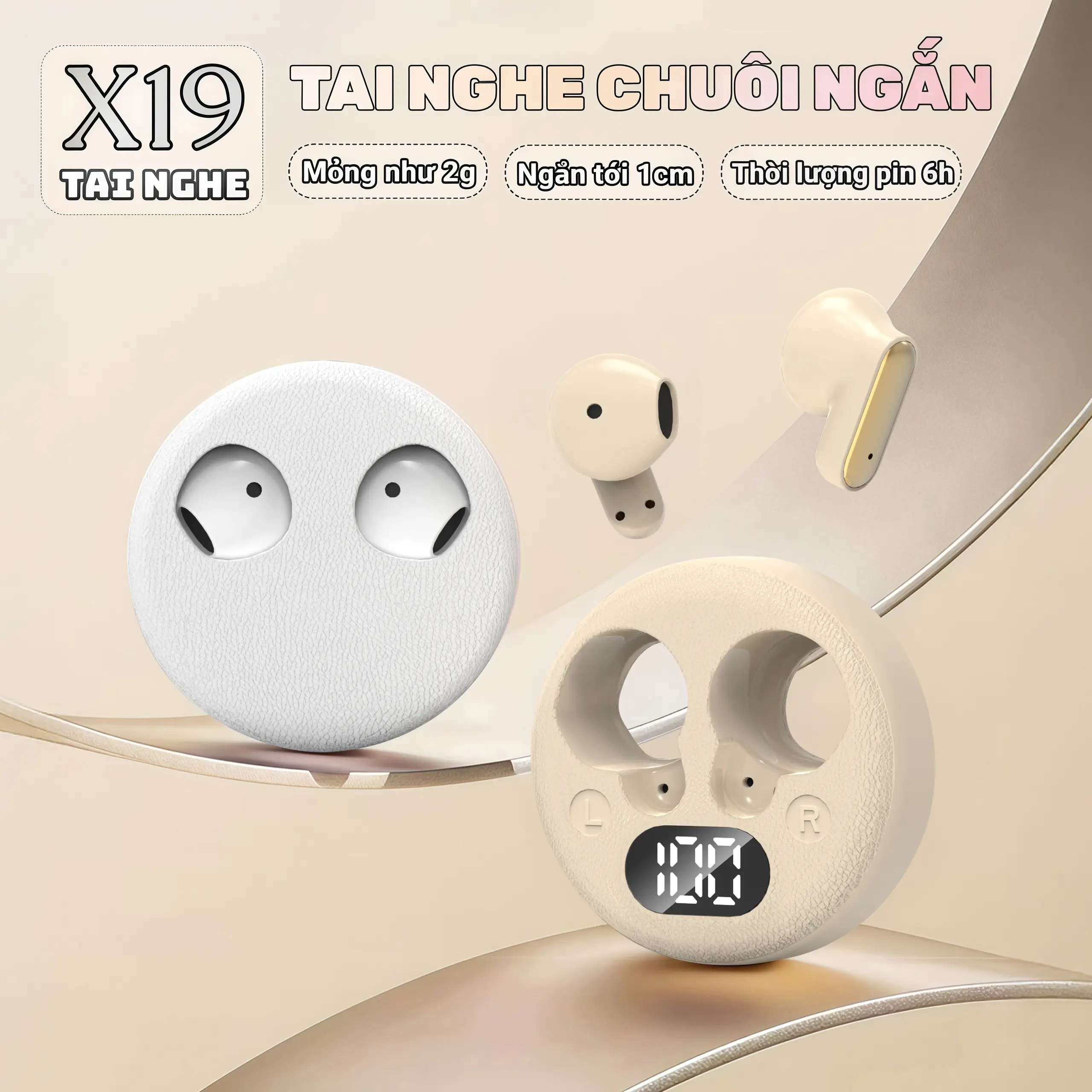 X19 Tai Nghe Chuôi Ngắn Mới Nhất 5 màu, Tặng kèm bao silicon và dây đeo dài cùng màu, Thiết kế hình mặt cười, Công nghệ mạ điện cao cấp, Âm thanh nổi mức HiFi, Màn hình LED hiển thị pin,Chống nước iPX5, Giảm tiếng ồn ENC