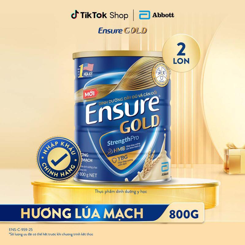 COMBO 2 LON SỮA ENSURE GOLD MỚI CẢI TIẾN DẠNG BỘT HƯƠNG LÚA MẠCH 800G