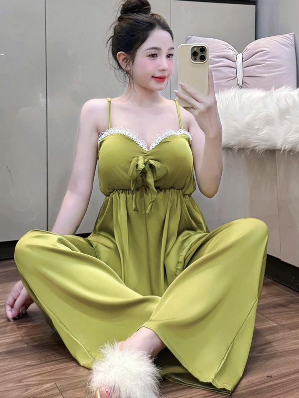 Size 45kg-90kg Bộ ngủ latin hai dây quần dài áo phối ren có mút mềm mịn mát cho Nữ quần dài có túi đồ ngủ quyến rũ bigsize