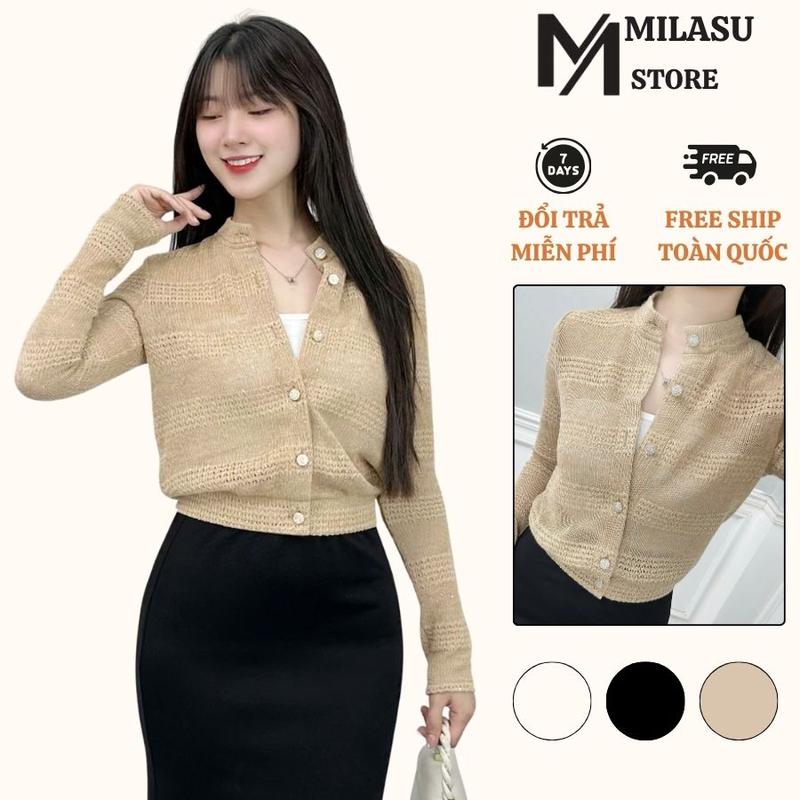 Áo Len Lưới Dài Tay Kim Sa Cài Khuy Vàng Milasu Áo Cổ Tròn Màu Basic 498