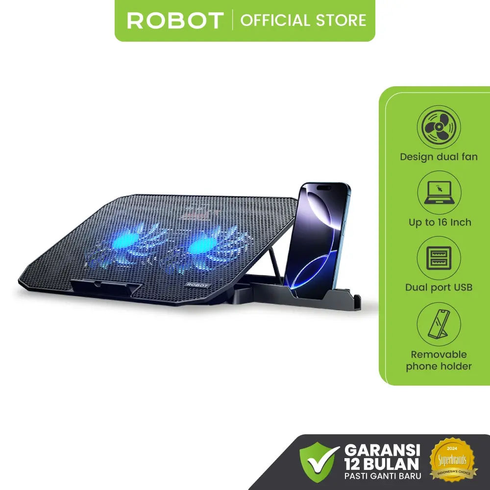 ROBOT Cooling Pad Laptop 10-16 inch Untuk Gaming Kipas 2 Inti Lengkap Dengan Slot HP Tipe Level Fan Speed With Phone Holder Silent Fan  RCP10 Original - Garansi 1 Tahun