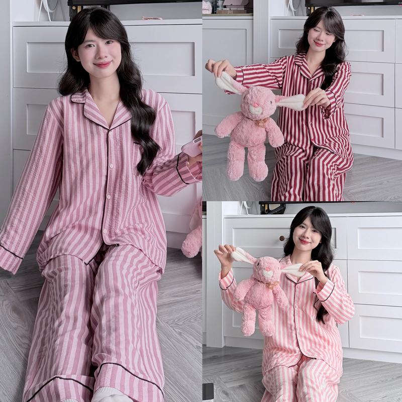 Bộ Đồ Ngủ BY CHANN SP23 áo dài quần dài họa tiết kẻ sọc có bigsize 80kg