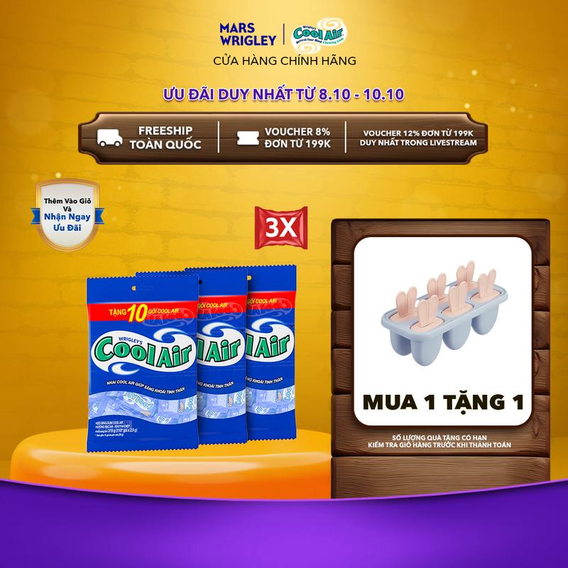 [300 gói tặng 30 gói + Tặng Khay làm kem] Combo 3 Túi Kẹo Sing-Gum Cool Air Hương Bạc Hà - Khuynh Diệp (Túi gồm 300+30 Gói x 2 Viên Kẹo)