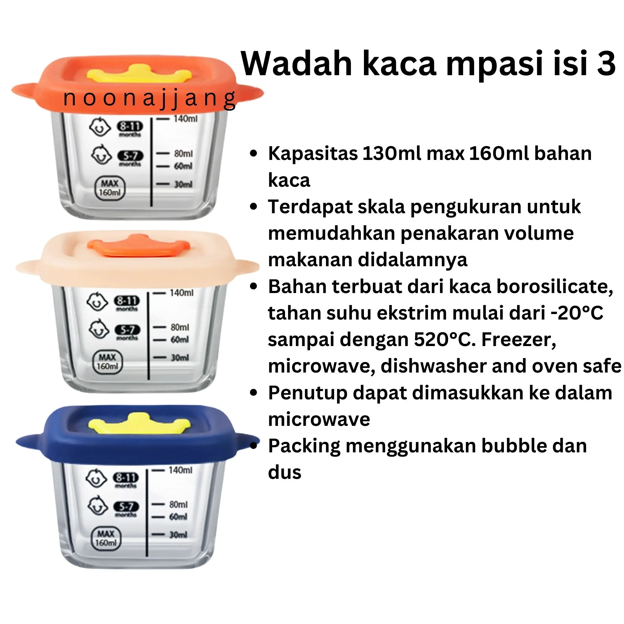 Wadah kaca mpasi isi 3 kotak makan mpasi bayi baby food container kaca tutup silikon microwave safe Bunda