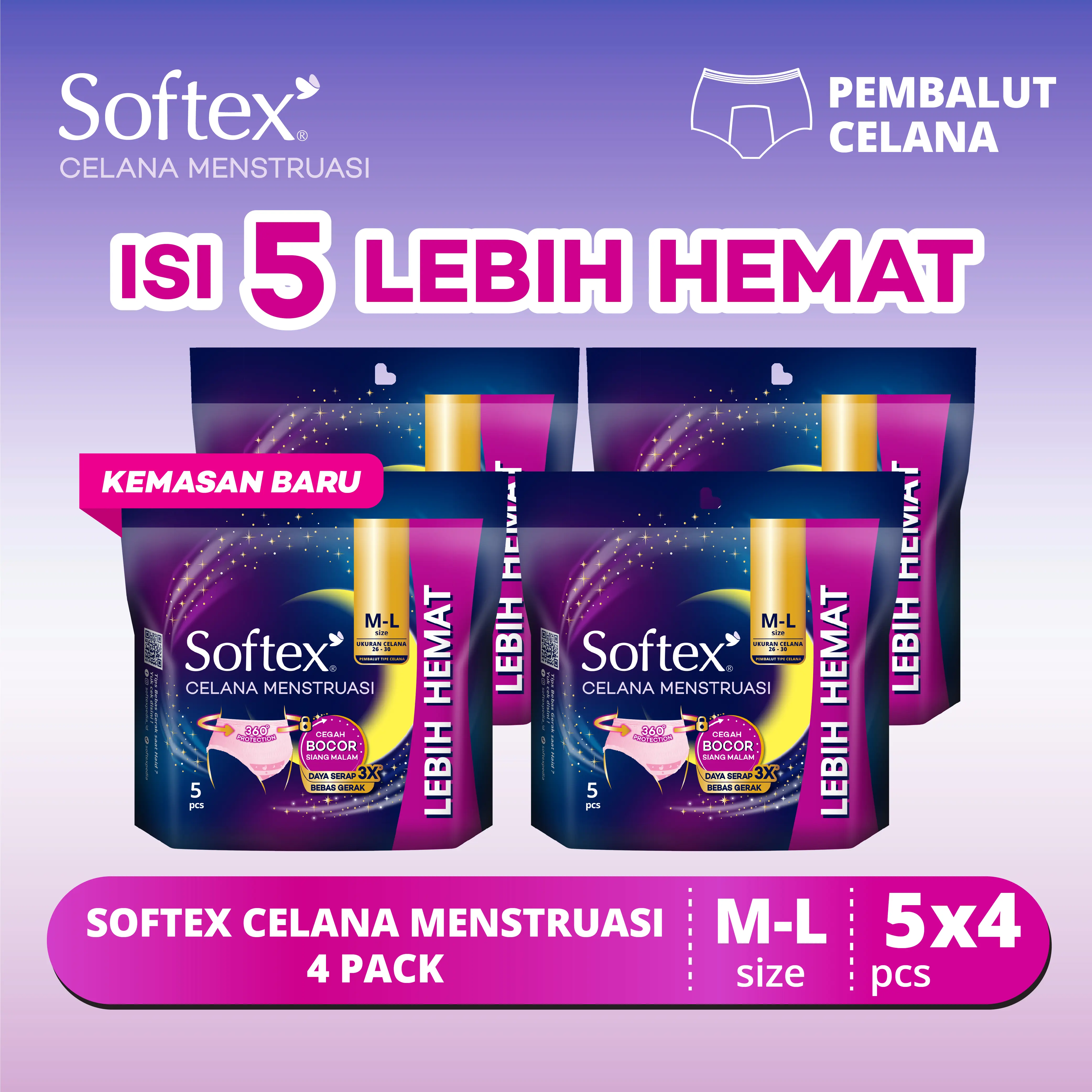 Softex Celana Menstruasi M-L 5s x 4 Pack- Pembalut Celana - Spesial Bulan Ungu