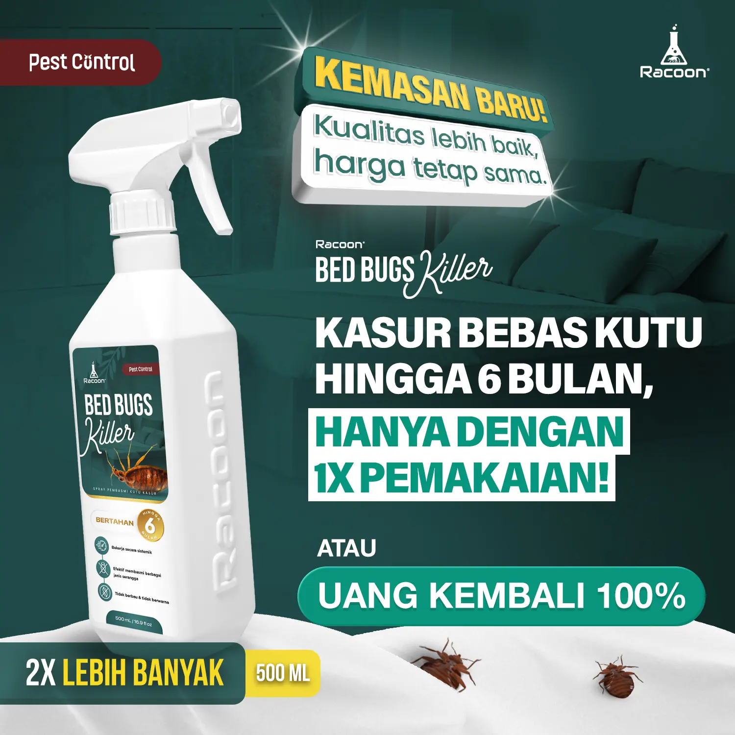 Racoon Bed Bugs Cairan Anti Kutu kasur Tahan 6 Bulan Pembasmi Kutu Kasur, Kutu Busuk, dan Kecoa