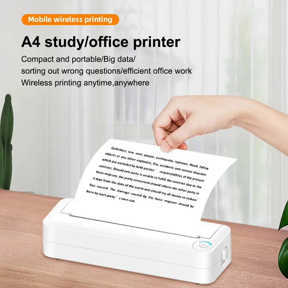 A4 Portable Paper Printer Thermal Printing Wireless BT Connect Pocket Mobile Photo Printer Support 210mm for Home Office Study