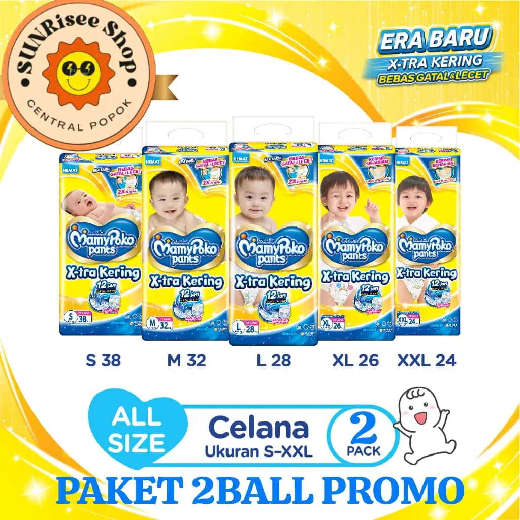 2BALL MAMYPOKO PANTS X-TRA KERING NB-S44/S38/M32/L28/XL26/XXL24 - MUDAH MENYERAP Popok Bayi
