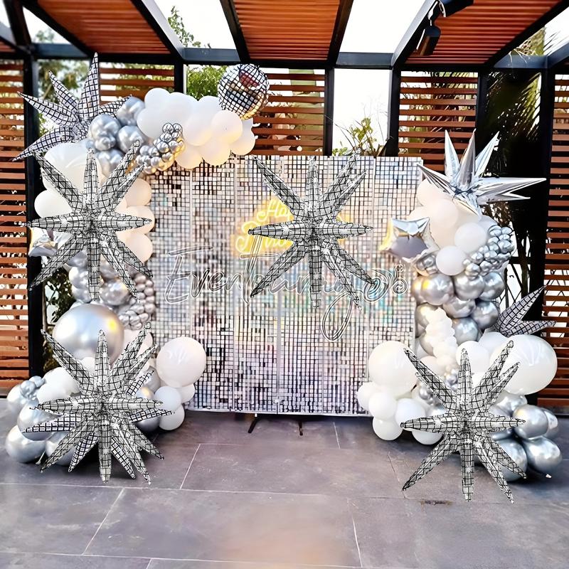 Product Introduction of 8pcs, Metallic Star Balloons For 70s Disco Party Decorations 4d Large 22 Inch Round Silvery Foil Balloons And 4D Silvery Starburst Cone Mylar Balloons Star Balloons For Graduation Birthday Party New Year's Day Decoration And Supplies Sliver 4