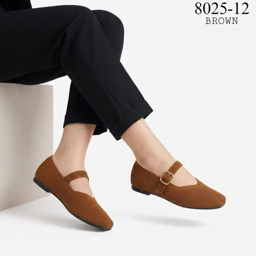 YALO 8025-12 Sepatu Flat Shoes Wanita Mary Jane Knit Square Toe Tali Gesper Casual Korean Style Rajut Premium