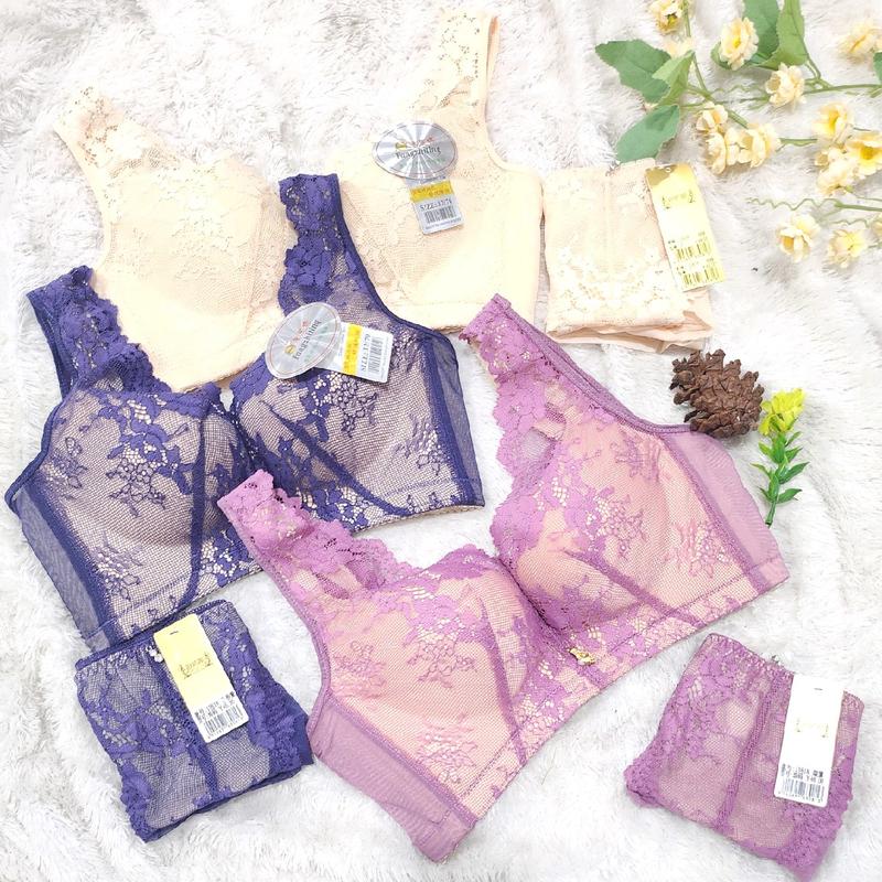 [ isi 3pcs randoom ] Bra Wanita Set+CD Bra Tanpa Kawat Size 32-36 Cup A to B Bra Penekan Lemak set 1357 1