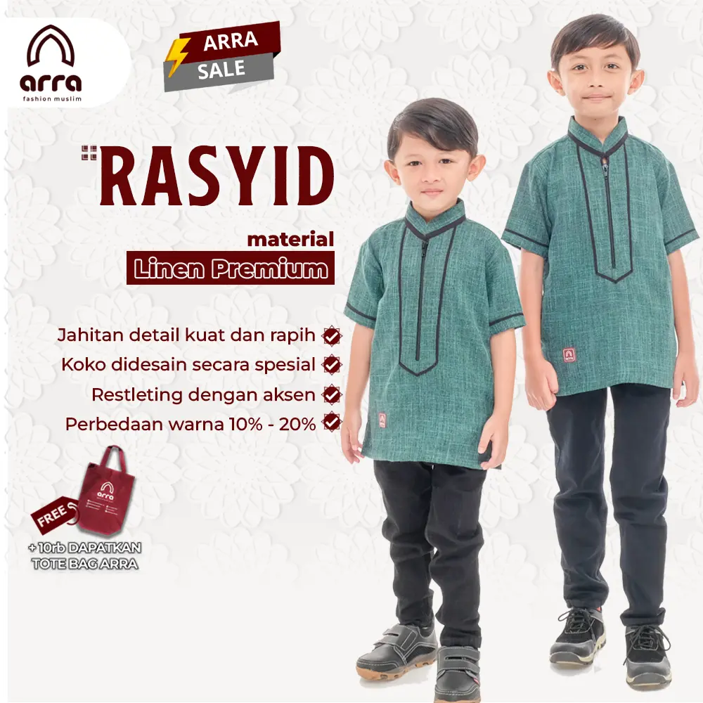 Arra Rasyid Baju Koko Anak Laki Laki 2-12 Tahun Lengan Pendek Bahan Linen Size S M L XL XXL Warna Mustard , Biru , Green , Capucino , Putih (ArraFashionMuslim)