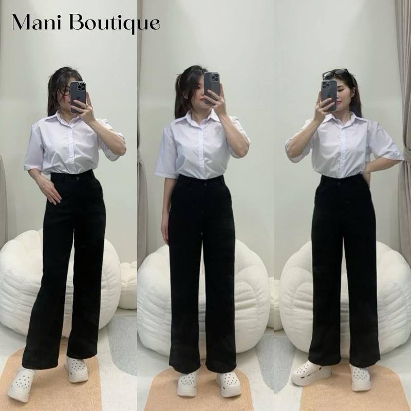 Quần ống rộng nữ cạp cao đi học làm chơi du lịch biển dáng dài quần tây ống rộng nữ lưng cao 1 khuy vải đen dày đáy cao Women Pants Ong Kem Voan