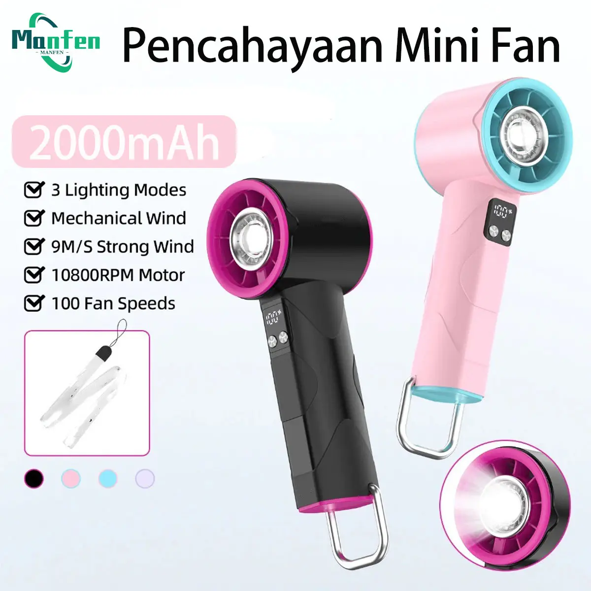 【Lighting Mini Fan】Kipas Angin Turbo 100 Kecepatan Portable Lipat Senter LED Layar Digital Motor 10800RPM Angin 9m s Kipas Gantung Leher USB C Baterai Awet Gratis Tali Gantungan Genggam Multi-Kecepatan