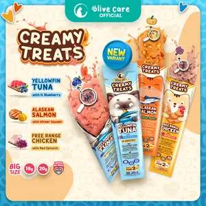 Olive Care SINGLE CREAMY TREATS 16gr & 20gr Snack Cemilan Kucing Bernutrisi dengan Daging Ayam/Salmon/Tuna Asli with Red Spinach/Winter Squash/Highbush Blueberry