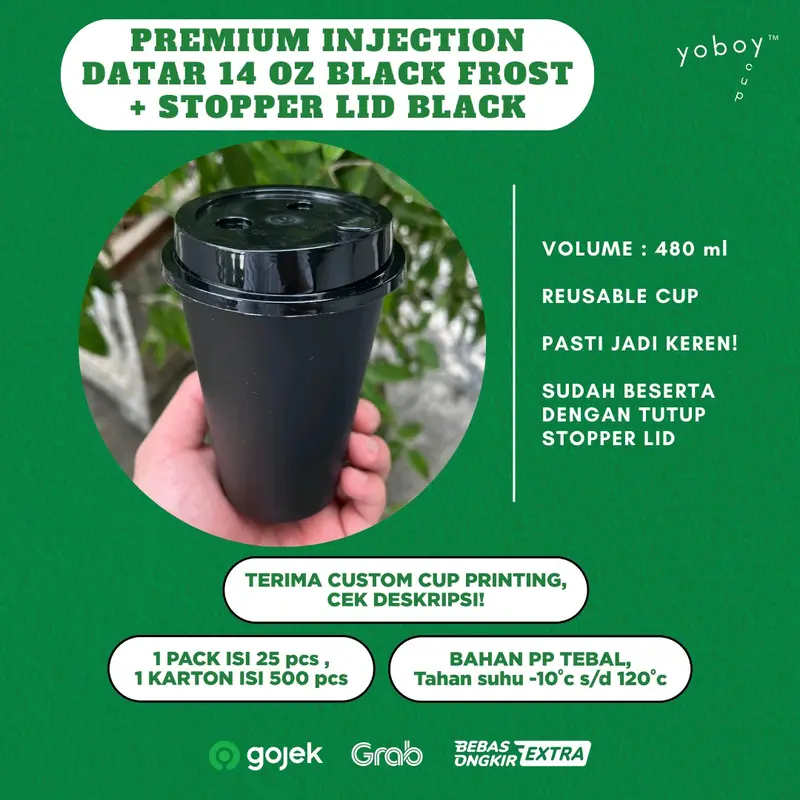 CUP PREMIUM INJECTION 14 oz HITAM FROST DOFF + Tutup STOPPER LID Bening/putih/hitam POLOSAN ISI 50PACK 0