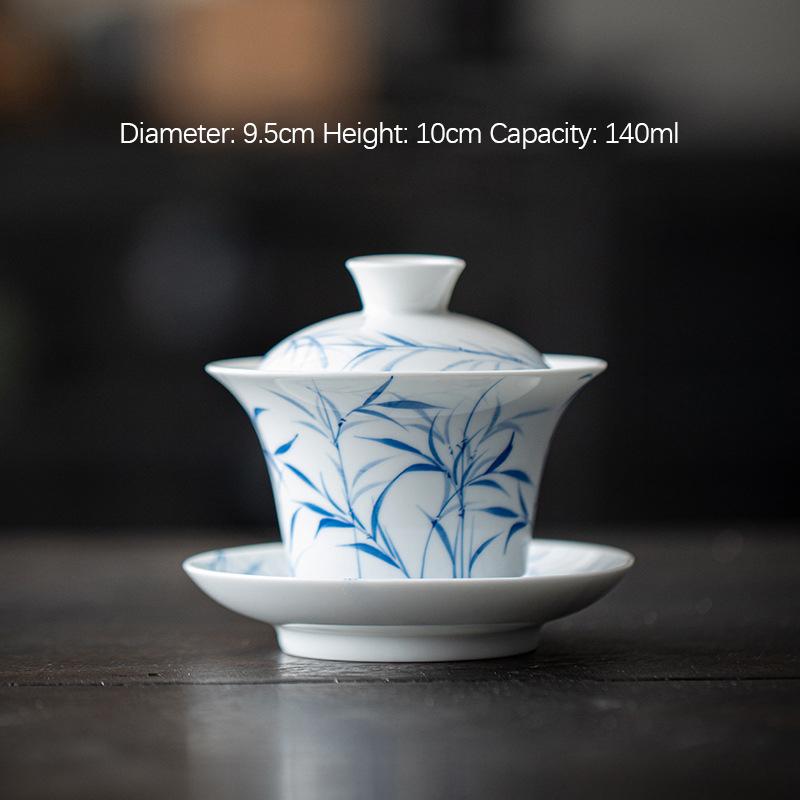 Product Introduction of Bamboo Sancai covered bowl hand-painted ceramic single large high-end Dehua white porcelain tea bowl Kung Fu tea set gift 0