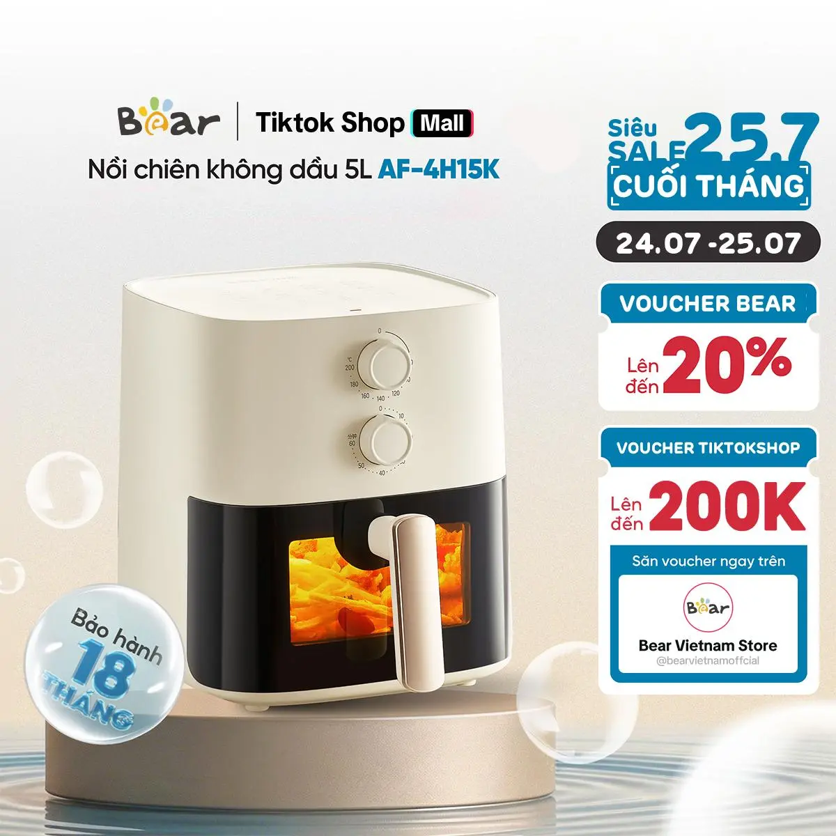 Nồi chiên không dầu 5 lít Bear AF-4H15K công nghệ xoáy 4D - Bản Tiếng Việt