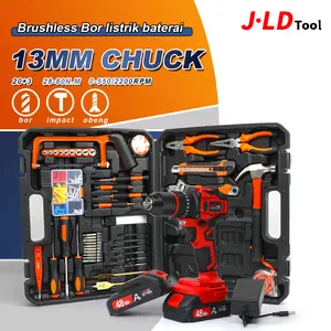 JLD Bor Listrik Baterai 48VF 13MM Chuck 28-80NM 20+3 Kecepatan 0-550/2200RPM Bor Impact Obeng Set Lengkap dengan 2 Baterai dan Koper power  tools Torsi