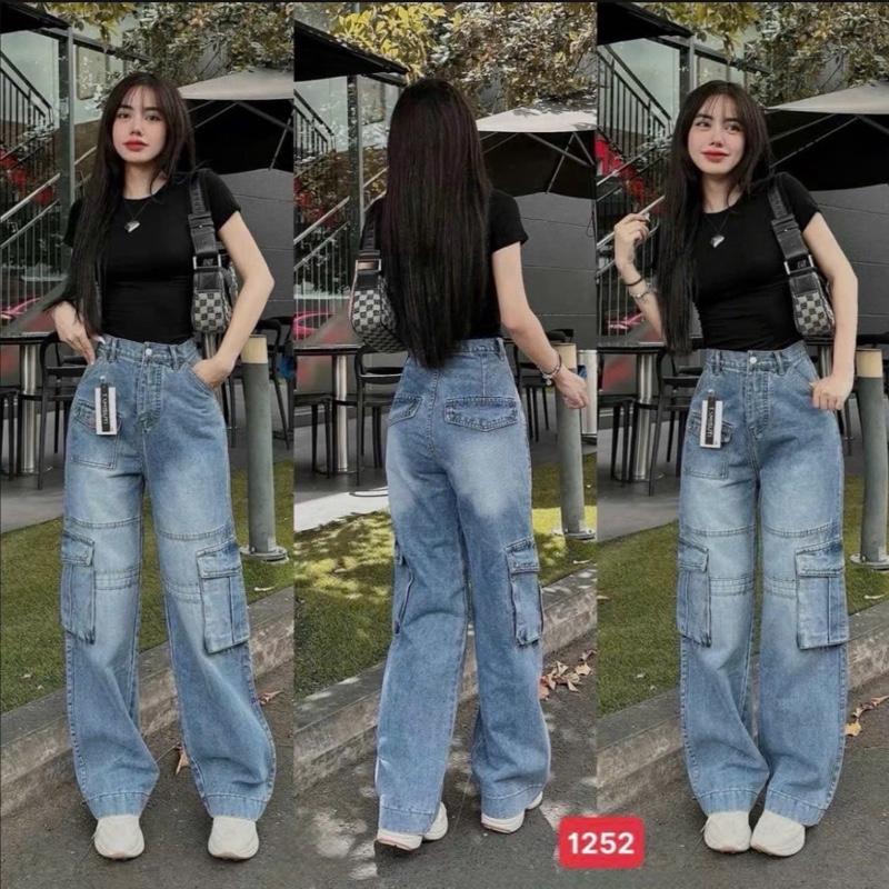 (S-XL) Sunstyle Quần jean nữ cạp cao ống rộng phối túi hộp chất jean kiểu dáng skinny thời trang 2024 BG 52 Women Pants Kem (Không Co Dãn ) From dưới 60 KG